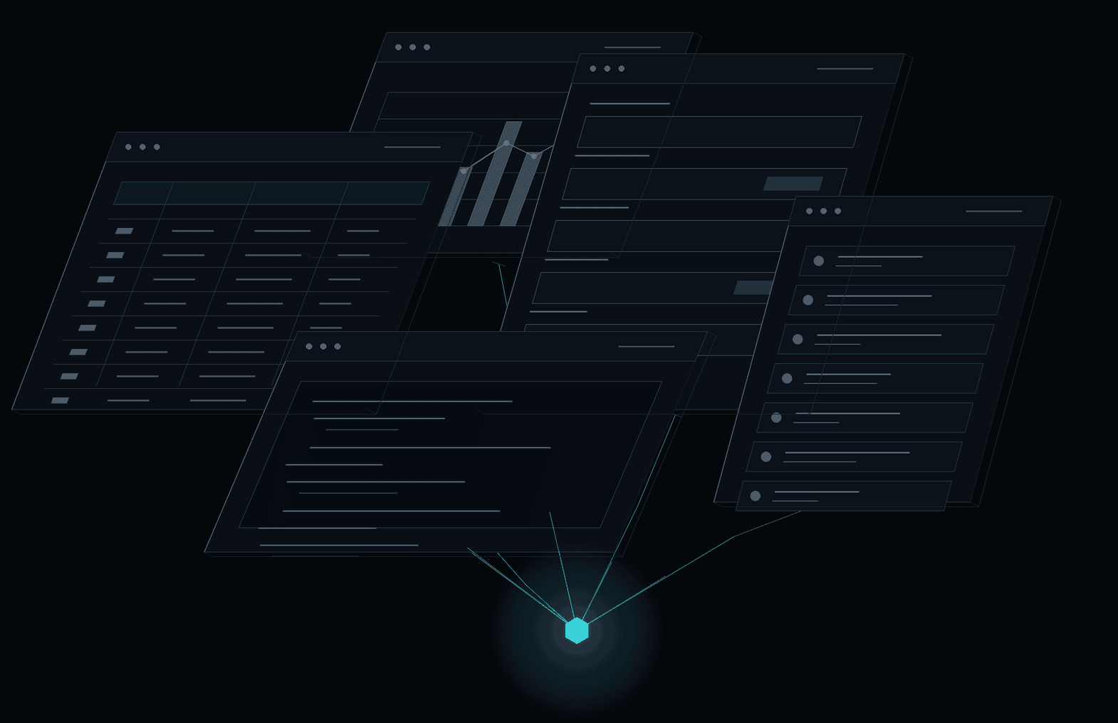 Several different business systems, each connected by a thin line to one glowing point beneath them