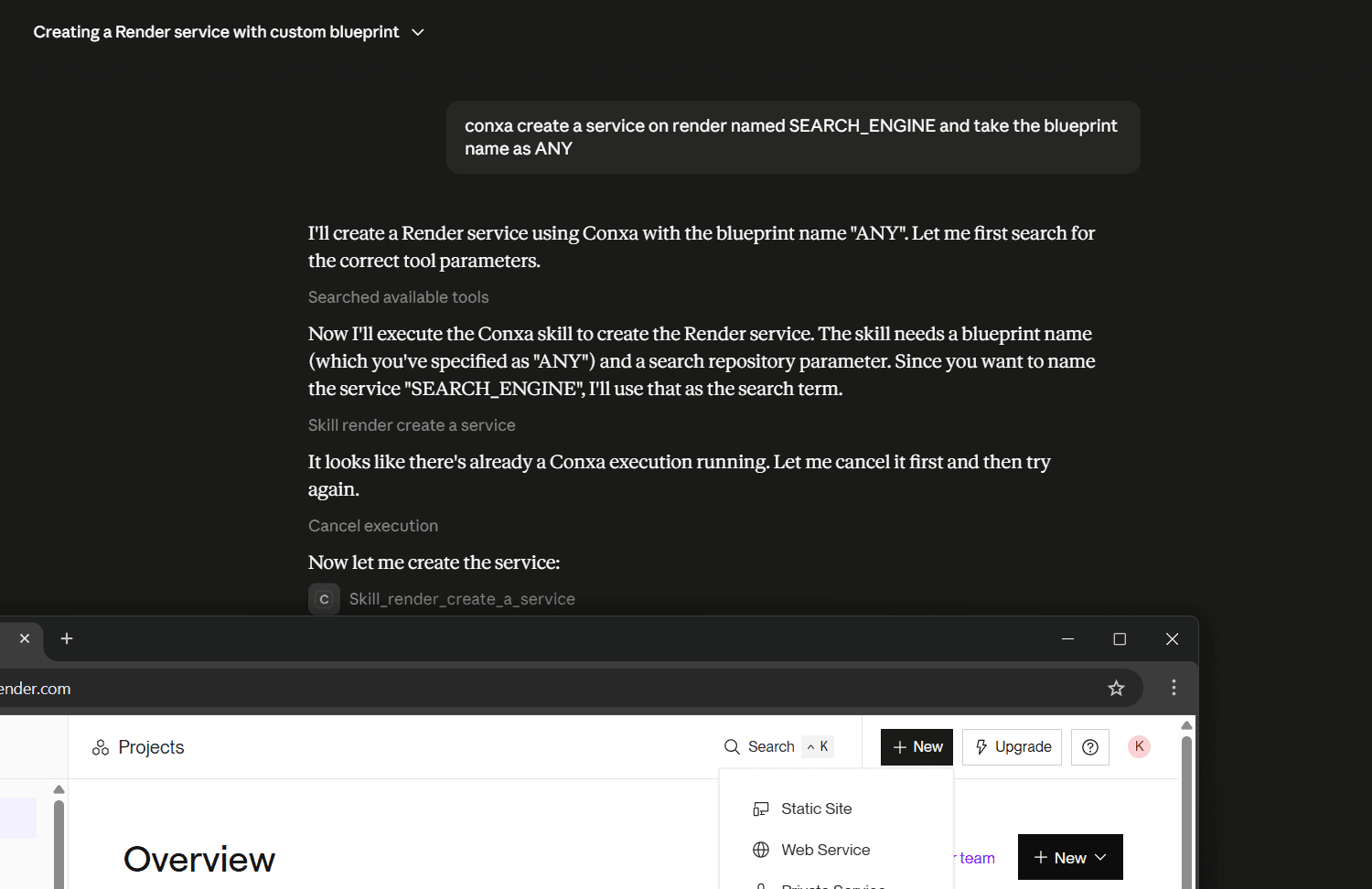 Claude running the skill from a plain-language request, driving the browser below it
